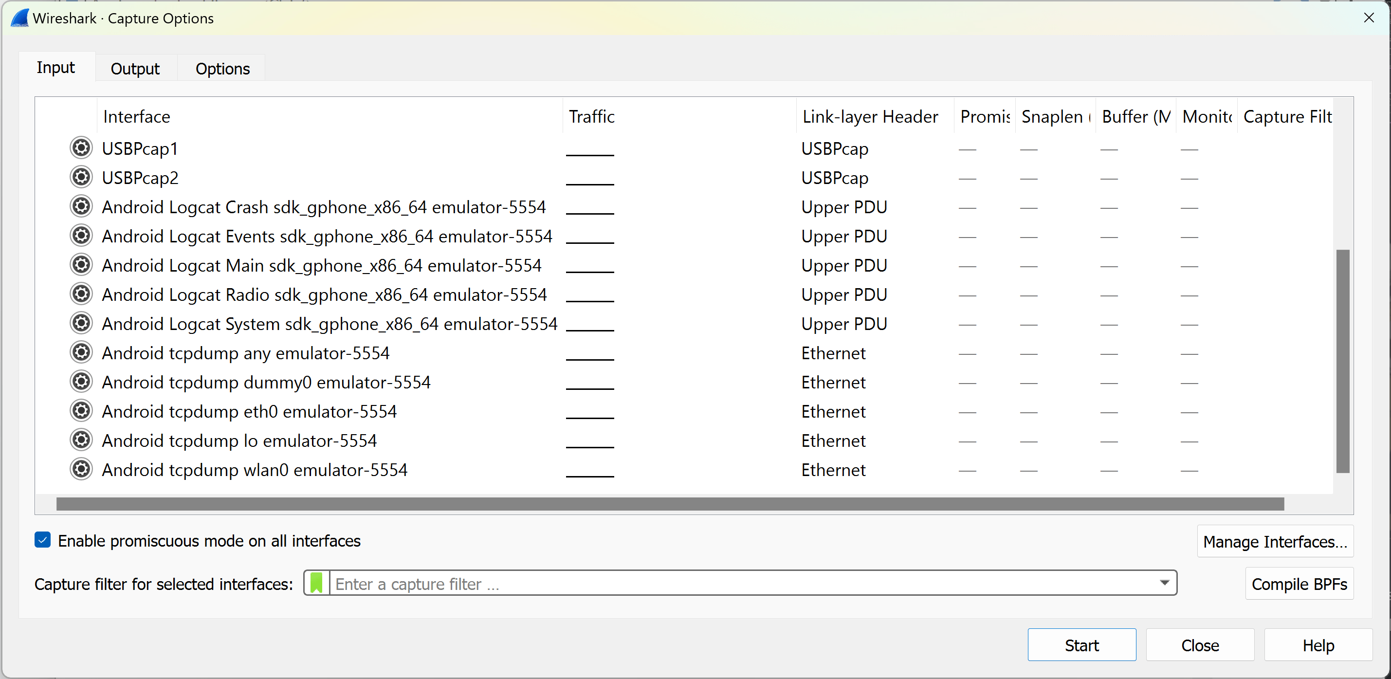 Available TCPdump interfaces